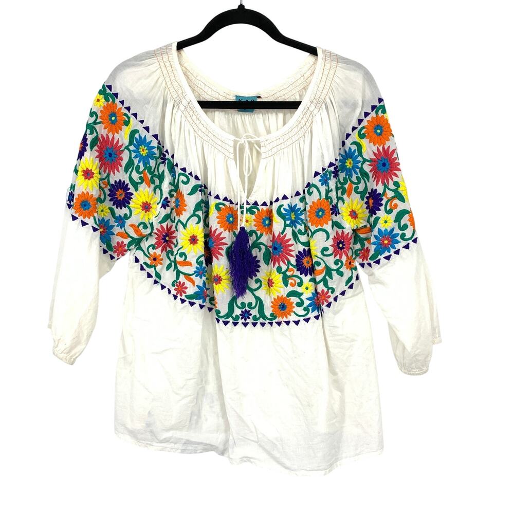 KAS Designs Top Womens Medium White Floral Embroidery Split Neck Purple Tassels